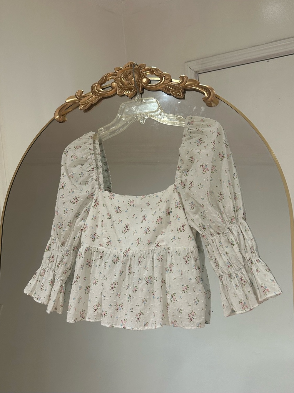 Storia Feminine White Ditsy Floral Cotton Babydoll Blouse, Size S